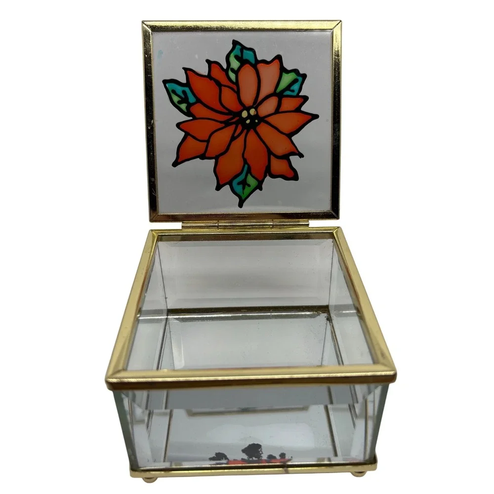 Vtg Glass Jewelry Box Poinsettia Stained Glass Hinged Keepsake Trinket Organizer